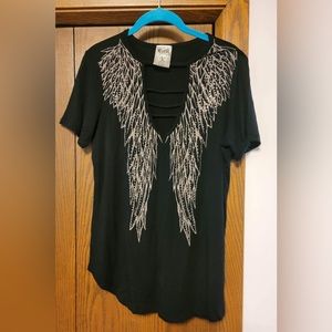 Vocal Wing Pattern Shirt with Ladder Neckline and Rhinestones